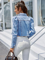 Denimjack - trendy cropped damesjack met pofmouwen