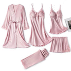 5-delige zwarte satijnen pyjama set - luxe sleepwear met kant