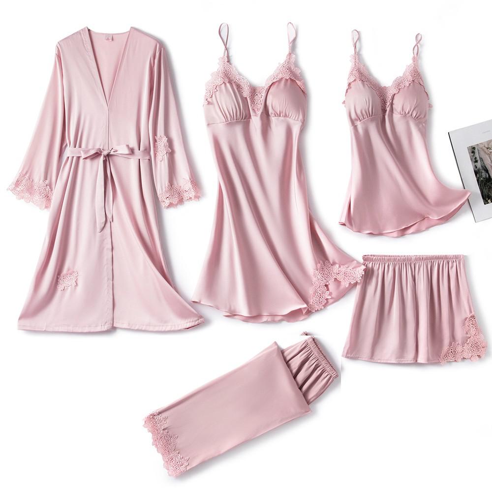5-delige zwarte satijnen pyjama set - luxe sleepwear met kant