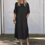 Dames casual midi jurk in relaxte pasvorm van linnen - dagelijkse outfit voor vrouwen