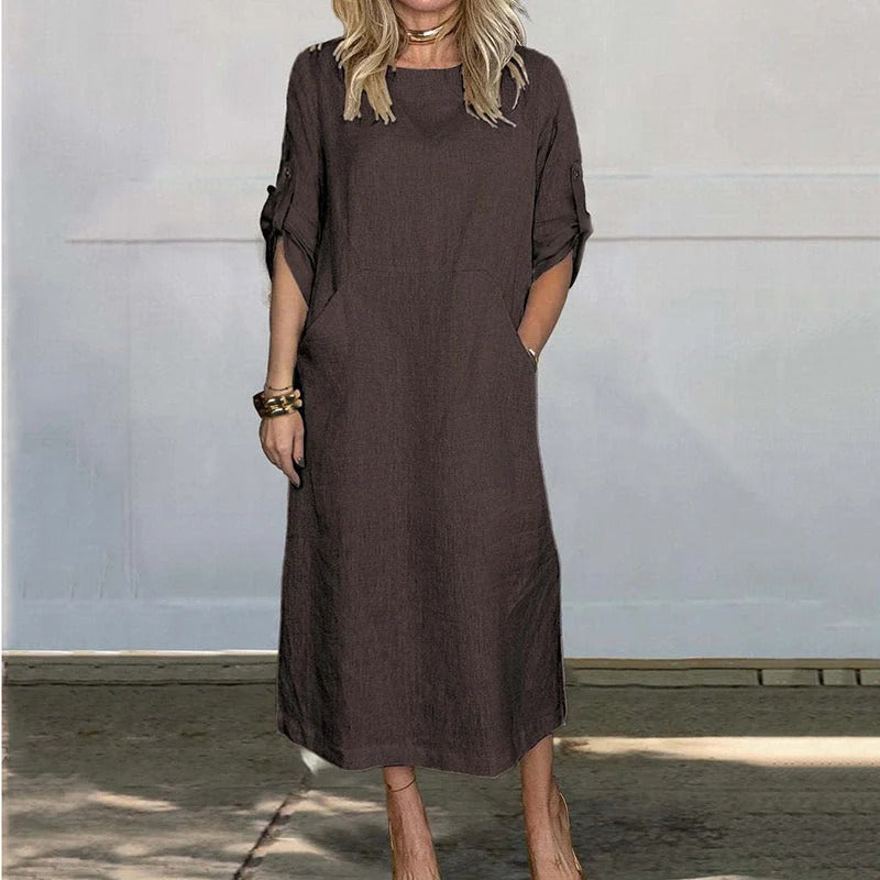 Dames casual midi jurk in relaxte pasvorm van linnen - dagelijkse outfit voor vrouwen