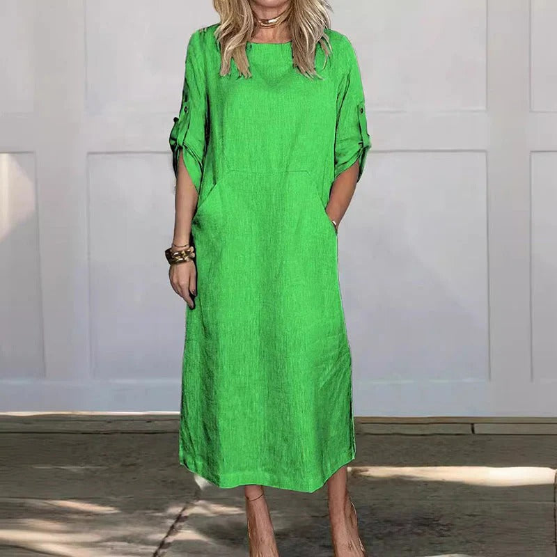 Dames casual midi jurk in relaxte pasvorm van linnen - dagelijkse outfit voor vrouwen