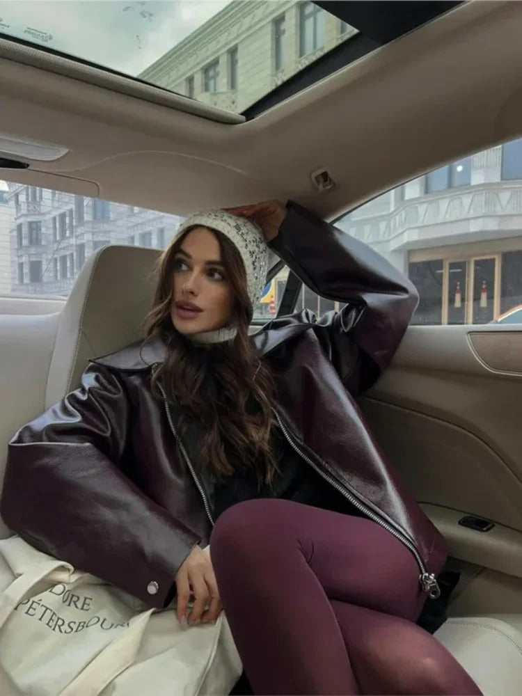 Dames leren jacket oversized ontwerp in rood - elegante herfstoutwear voor casual en chique looks