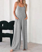 Dames jumpsuit met spaghetti bandjes - relaxte grijze casual outfit met handige zakken