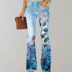 Florale flared jeans - stijlvolle damesjeans met een kleurrijk bloemenpatroon