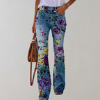 Florale flared jeans - stijlvolle damesjeans met een kleurrijk bloemenpatroon