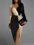 Pailletten wikkeljurk - elegante zwart-gouden dames avondjurk - Bakkermode.nl