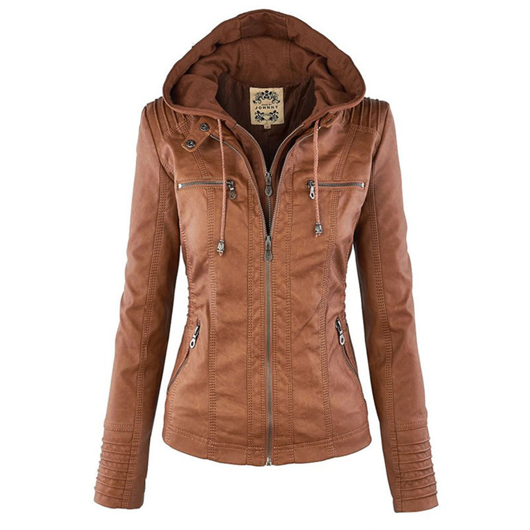 Dames leren hoodie jack - trendy ritsjack