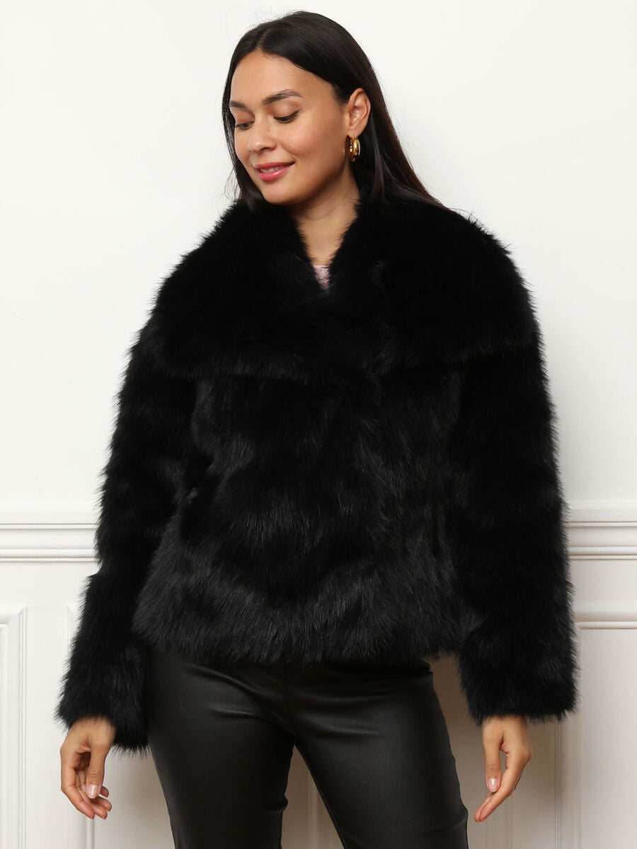 Bont jas voor dames - luxe grijze faux fur jas met brede kraag - Bakkermode.nl