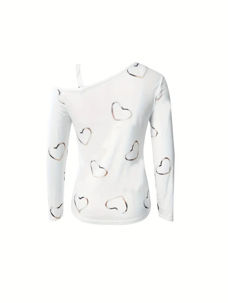 Dames one-shoulder top met hartjesprint - witte casual tee met elegante lange mouwen voor dagelijks gebruik