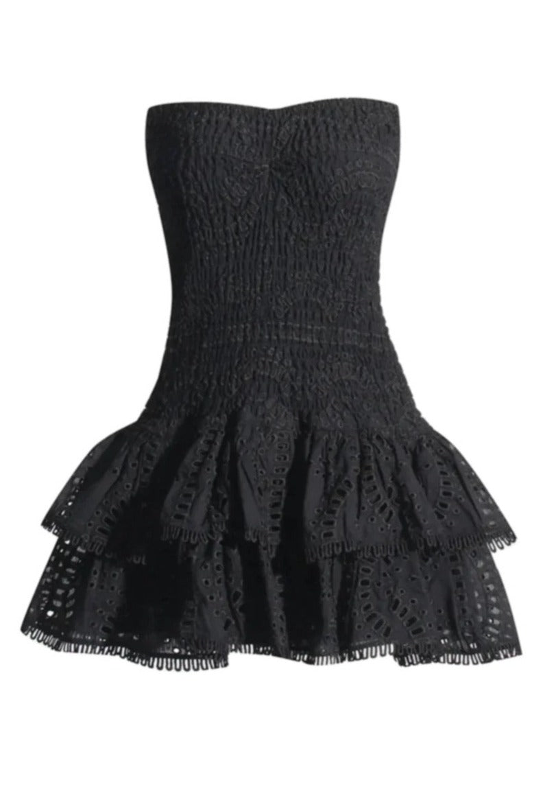 Damesfeestjurk - elegante zwarte smockstijl met gelaagde rok voor avondkleding