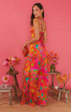 Dames maxi jurk met bloemetjesprint in roze - stijlvolle mouwloze zomerjurk voor casual uitjes