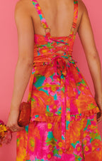 Dames maxi jurk met bloemetjesprint in roze - stijlvolle mouwloze zomerjurk voor casual uitjes