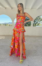 Dames maxi jurk met bloemetjesprint in roze - stijlvolle mouwloze zomerjurk voor casual uitjes