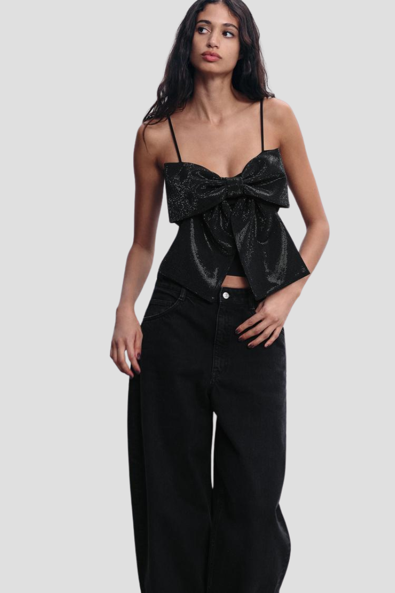 Dames tops met elegante strikdetails - zwarte glitter blouse voor avondsfeestjes