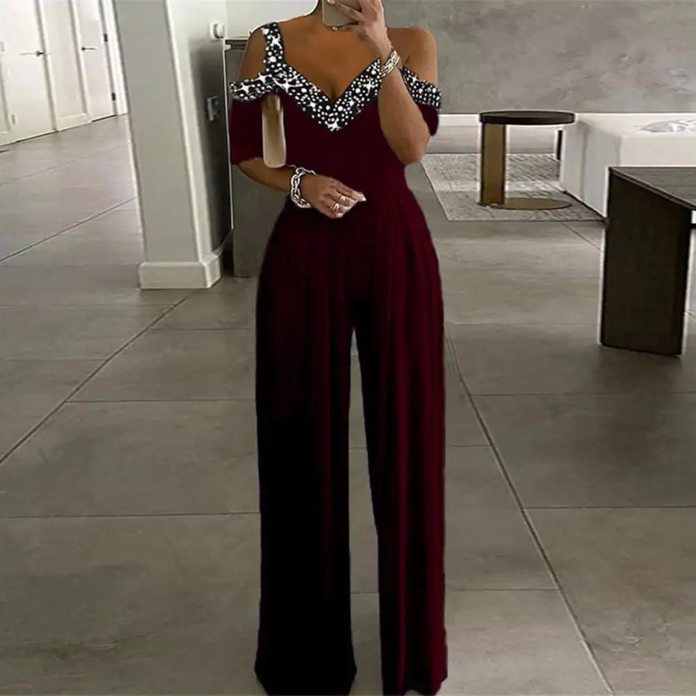 Dames stijlvolle jumpsuit met rhinestone details - chique off-shoulder ontwerp voor speciale gelegenheden