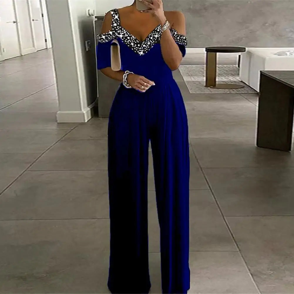 Dames stijlvolle jumpsuit met rhinestone details - chique off-shoulder ontwerp voor speciale gelegenheden