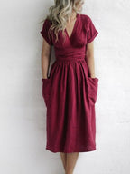 Linnen wikkeljurk met tailleceintuur - elegante midi jurk voor dames