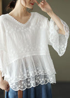 Vrouwen top elegante halfmouwen geborduurde zomertop - luchtig o-hals ontwerp voor casual uitjes