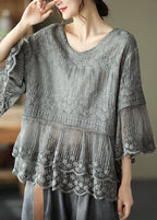 Vrouwen top elegante halfmouwen geborduurde zomertop - luchtig o-hals ontwerp voor casual uitjes