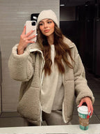 Dames fleecejack - zachte pluche zip-up jas met functionele zakken voor casual gebruik