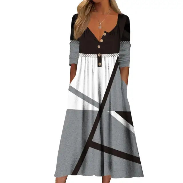 Bloemen midi jurk - prachtige jurk met knopen en zakken voor dames