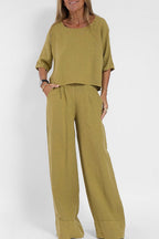 Dames 2-delige linnen mix set - ontspannen pasvorm - trendy casual outfit voor dagelijks gebruik