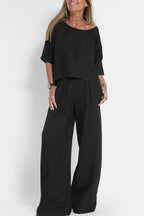 Dames 2-delige linnen mix set - ontspannen pasvorm - trendy casual outfit voor dagelijks gebruik