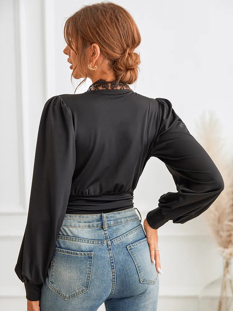 Vrouwen kant detail bodysuit zwart avondkleding - chique lange mouwen ontwerp voor verfijnde gelegenheden