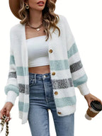 Ontspannen gebreide cardigan voor dames - casual gestreepte buttonsweater - Bakkermode.nl