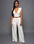 Dames jumpsuit met ceintuur en v-hals voor formele gelegenheden - elegante wijde outfit