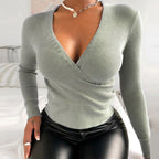 Dames wraptop met chique diepe v-hals - ribbelgebreid langarmtruitje voor casual & kantooroutfits