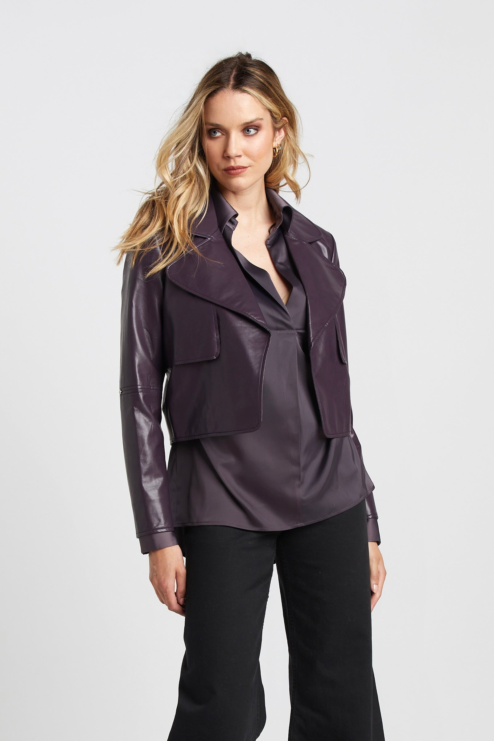 Korte vegan leren open front jasje - mulberry damesjacket