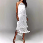 Dames fringed maxi jurk - elegante avondkleding met halternek ontwerp