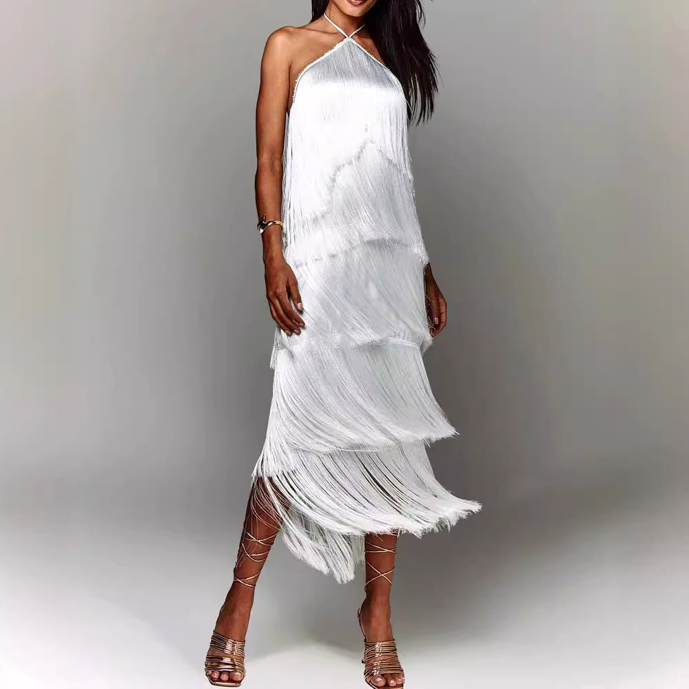 Dames fringed maxi jurk - elegante avondkleding met halternek ontwerp