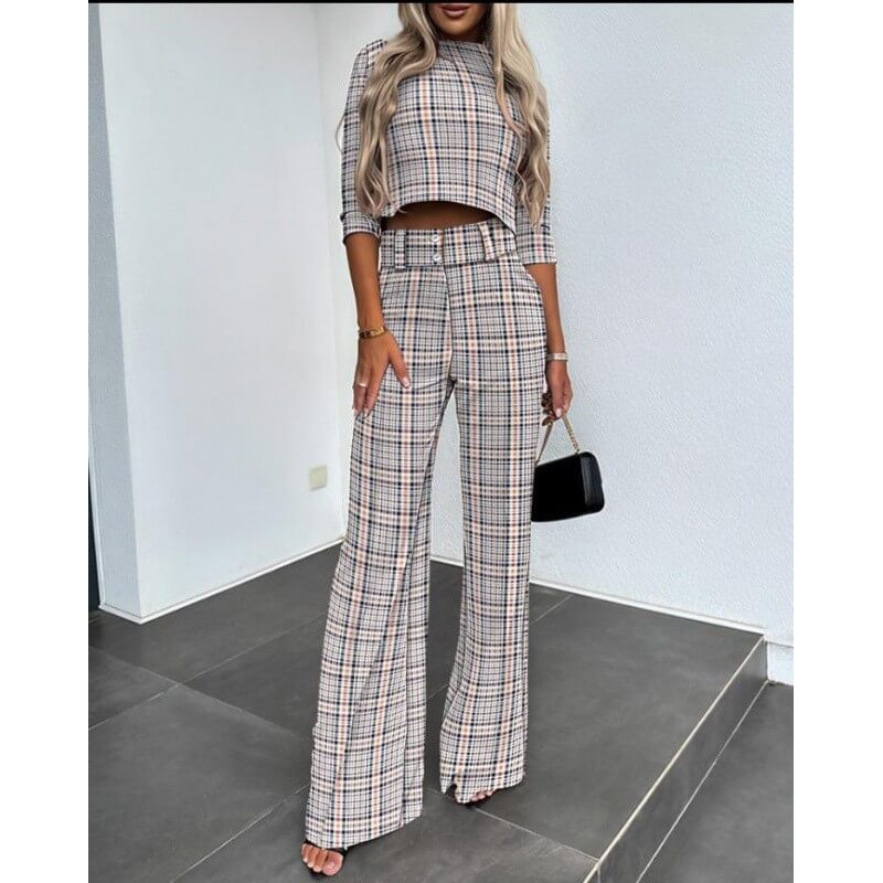 2-delige set voor dames - trendy kantooroutfit met stijlvolle crop top en gesneden broek voor veelzijdig gebruik