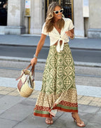 Vrouwen maxi jurk elegante bohemien rok groene bloemenprint - geweldig voor zomerse uitjes