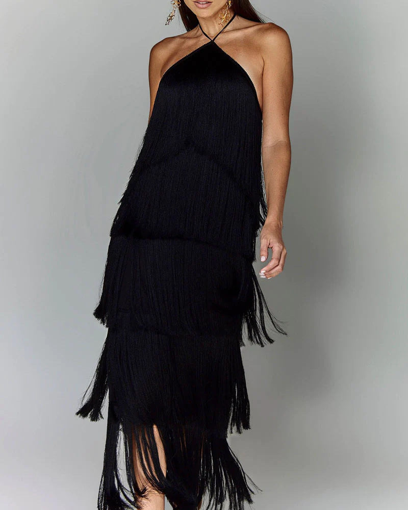 Dames fringed maxi jurk - elegante avondkleding met halternek ontwerp