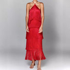 Dames fringed maxi jurk - elegante avondkleding met halternek ontwerp