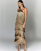 Dames fringed maxi jurk - elegante avondkleding met halternek ontwerp