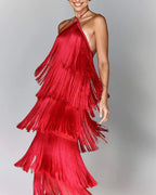 Dames fringed maxi jurk - elegante avondkleding met halternek ontwerp