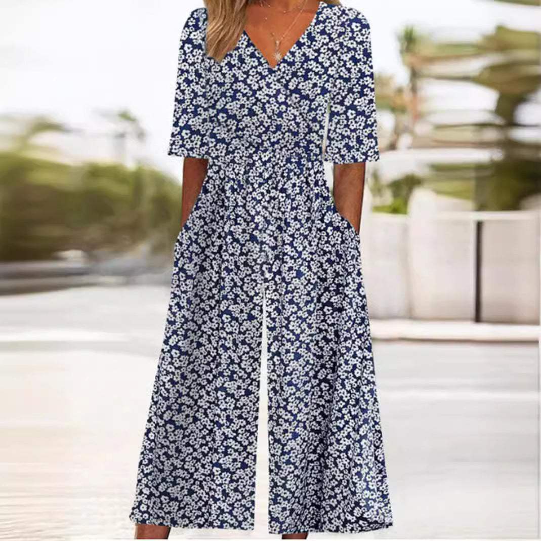 Dames denim stijlvolle v-hals bloemen jumpsuit - wijde pijpen voor casual gelegenheden
