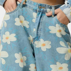 Blauwe denim damesbroek - wijde bloemenjeans