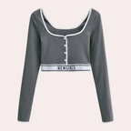 Geribbelde knoopcrop top - stijlvolle dames top met lange mouwen