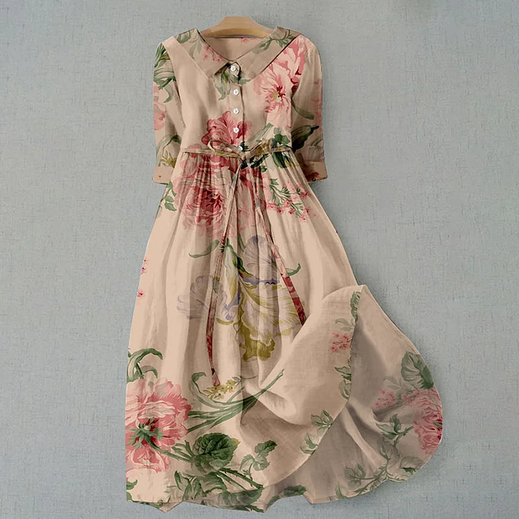 Dames shirtjurk elegante casual outfit - lange bloemen beige botanische print met 3/4 mouwen