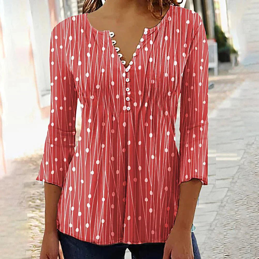 Dames blouse - chique v-hals lange mouw top met knoopdetails