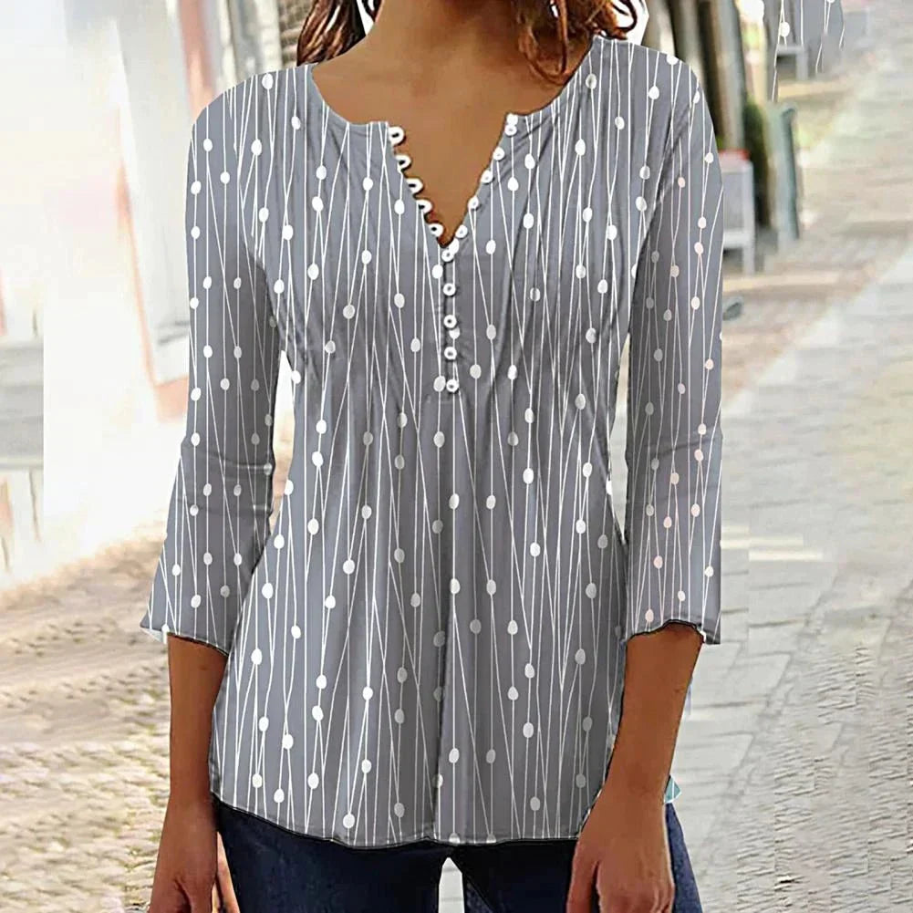 Dames blouse - chique v-hals lange mouw top met knoopdetails