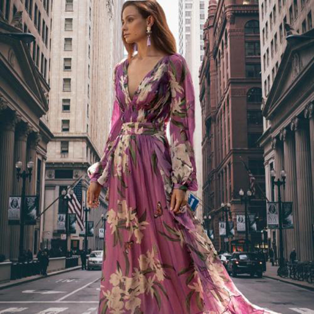 Bloemen maxi jurk - lila dames lange mouw jurk