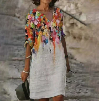 Dames casual jurk met v-hals en bloemenprint voor de zomer - luchtige, lichte casual jurken