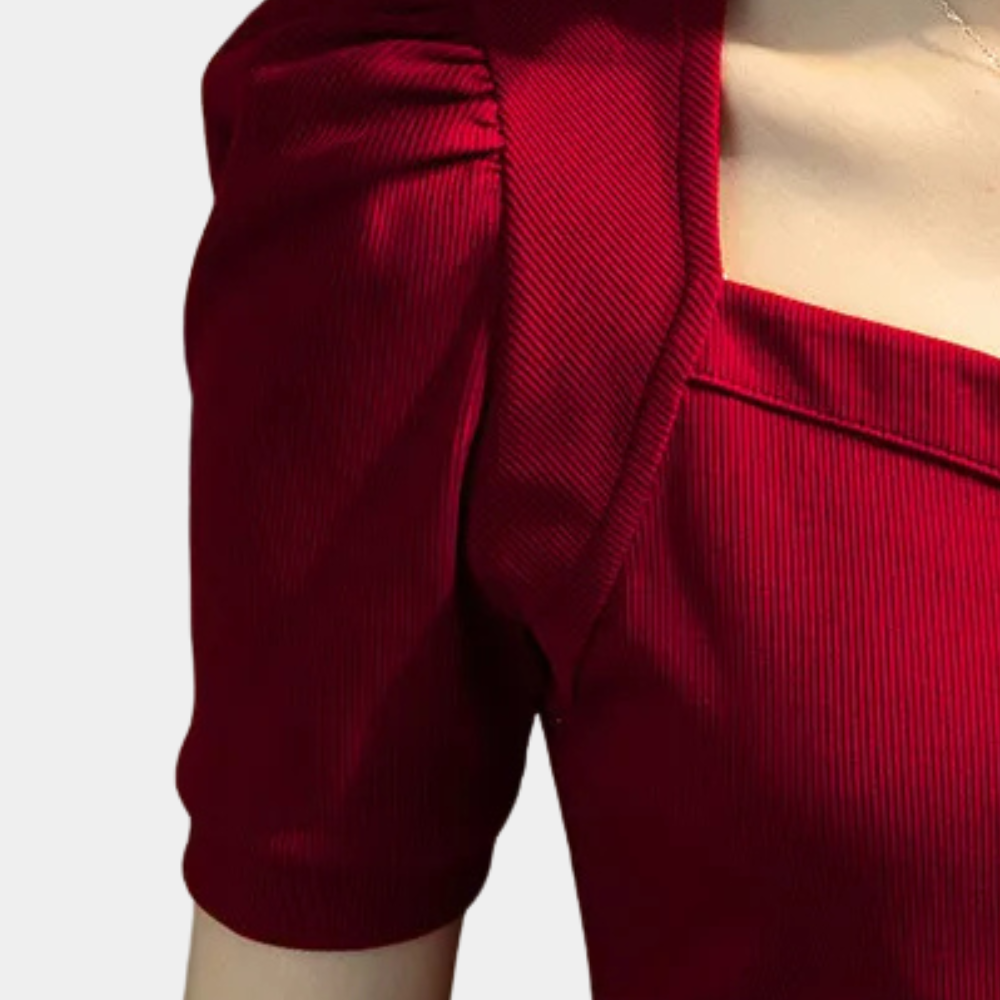 Rode puff sleeve top - stijlvolle geribde blouse voor dames